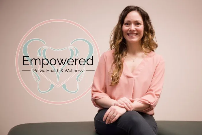 Dara Clauson, founder of Empowered Pelvic Health & Wellness, seated in front of the practice logo
